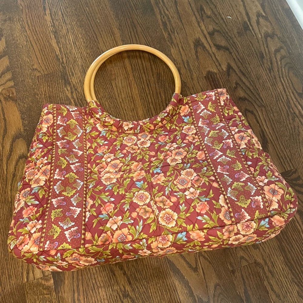 ELIZABETH AUSTEN Red Floral Quilted Tote Bamboo Ring Handle Bag
